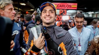 Carlos Sainz celebrates his first podium in F1... Coming out last!