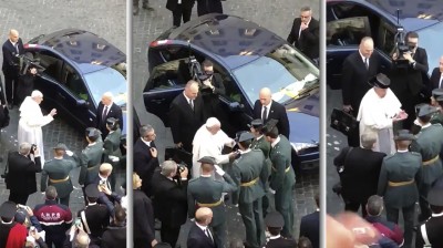 The Pope wears the tricorn of the civil guard in Rome
