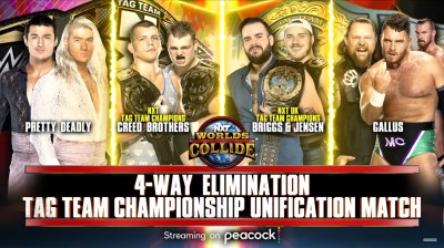 The Creed Brothers Vs Josh Briggs y Brooks Jensen Vs Pretty Deadly Vs Gallus - Unificación de los Títulos en Parejas de NXT y NXT UK - Elimination Match - Worlds Collide 2022
